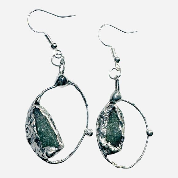 Natural Moldavite & Sterling 925 Boho Metalwork Earrings - Picture 5 of 17